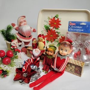 Vintage Christmas Decor Lot #1 - Red Kitschy Holiday Mid Century Santa Elves